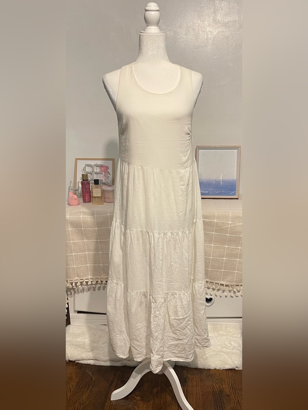 Sleeveless White Tiered Maxi Dress - Casual Summer Dress size S 100% cotton - Picture 10 of 14